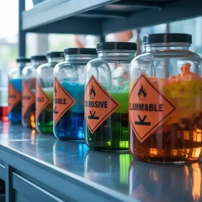 Jars containing various chemicals with hazard pictograms on their labels.