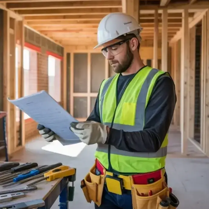 Construction worker in hard hat reviewing a method statement document.