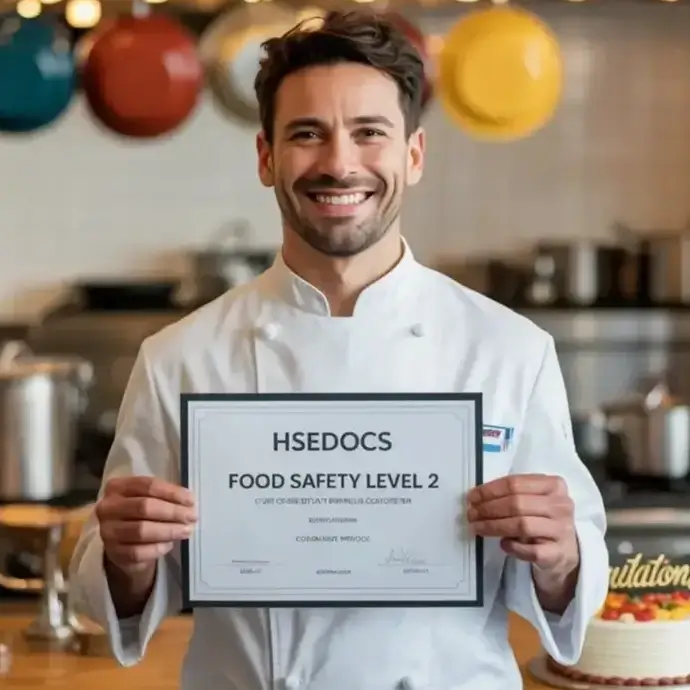 Happy chef holding a HSDocs food safety Level 2 certificate