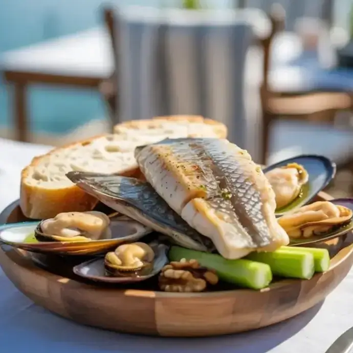Plate of food containing fish, molluscs. celery and other allergens