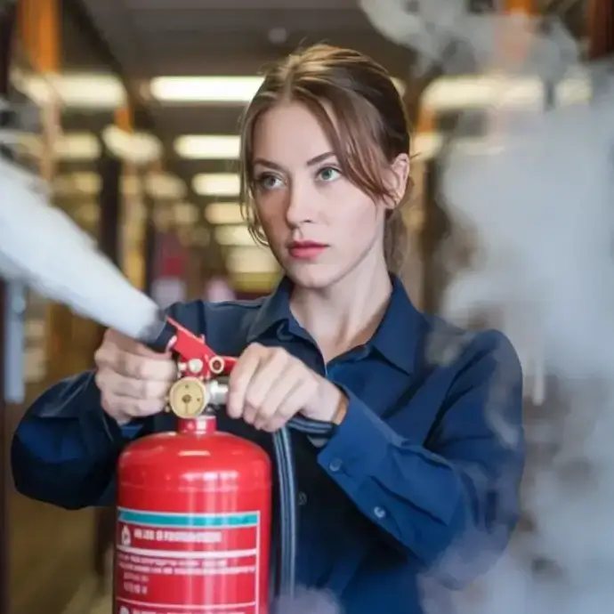 Office worker tackling a fire with a fire extinguisher