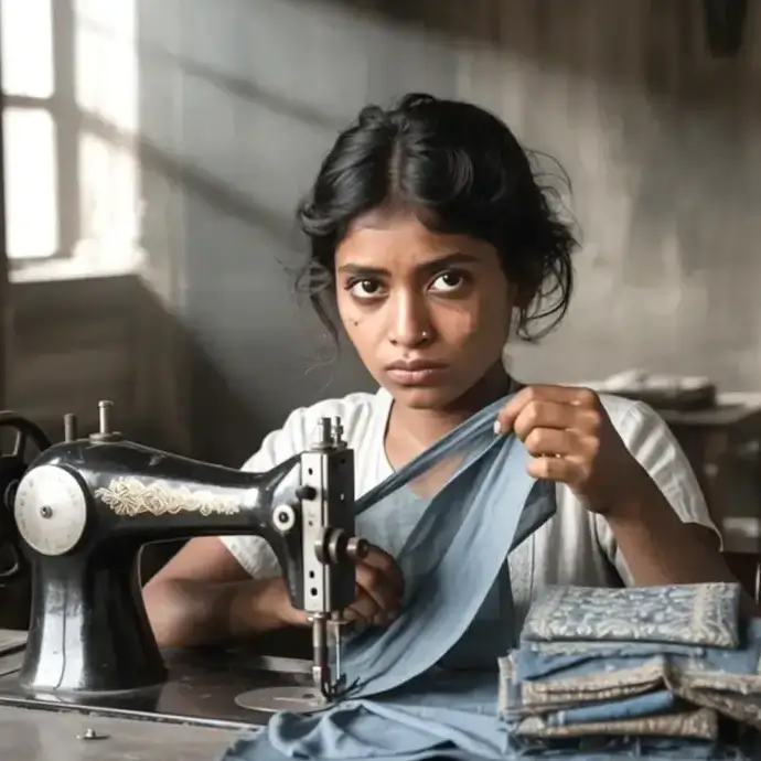 Young Indian girl who is a modern slave making clothes