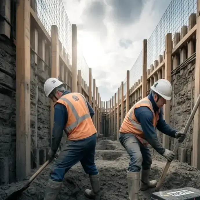 Groundworkers excavating in a trench