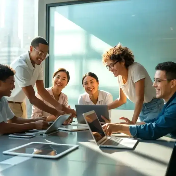 A diverse company meeting with a happy interactive  workforce