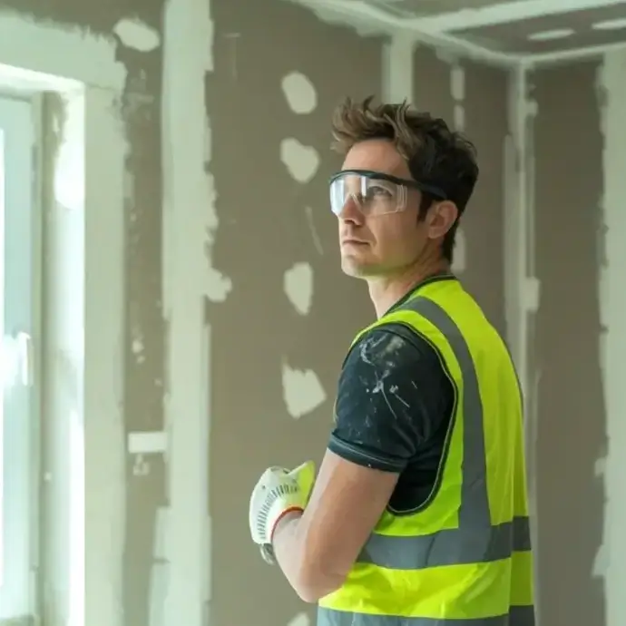 Plasterer examining a dry lined room