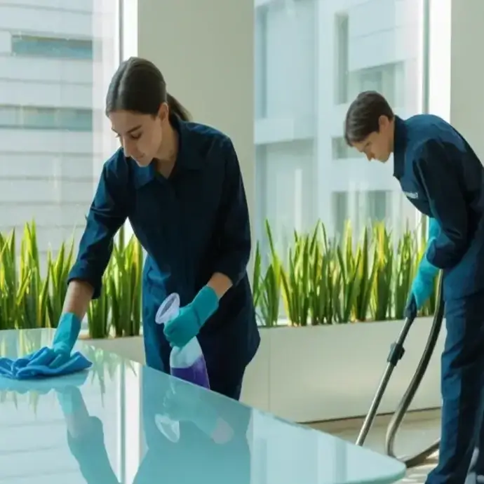 two cleaners working in a modern office