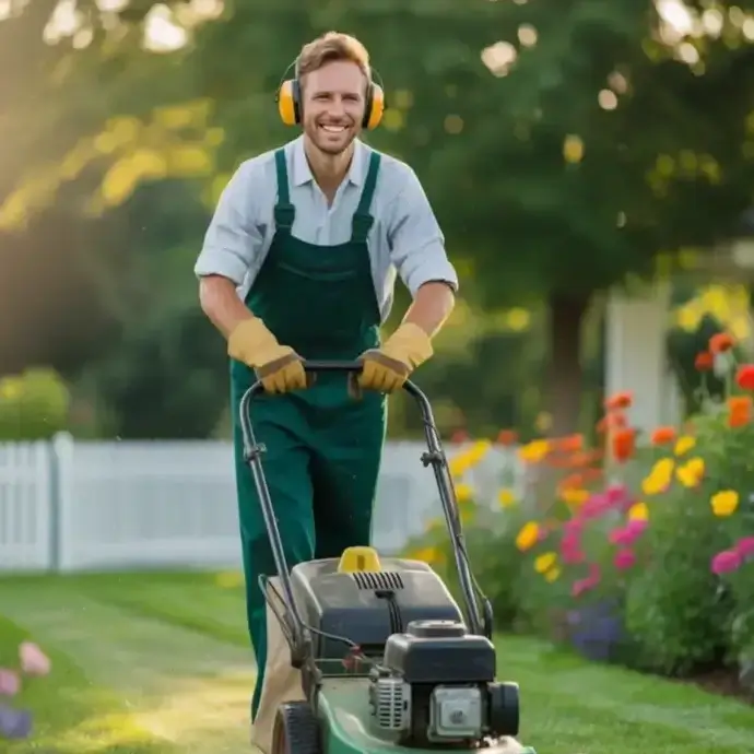 Gardener withe ear defenders and gloves cutting lawn.