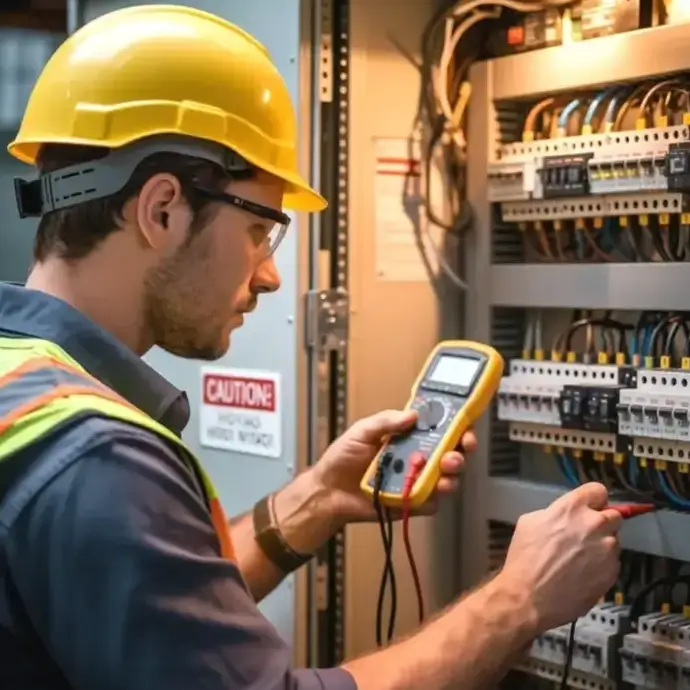 Electrician working by fuse board