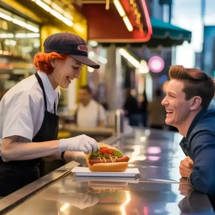 A street food vendor selling hot dogs to a happy male customer