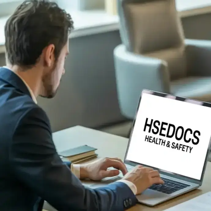 Office worker looking at health and safety solutions on his laptop