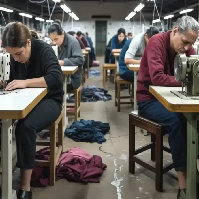 Modern slaves working in a clothes factory