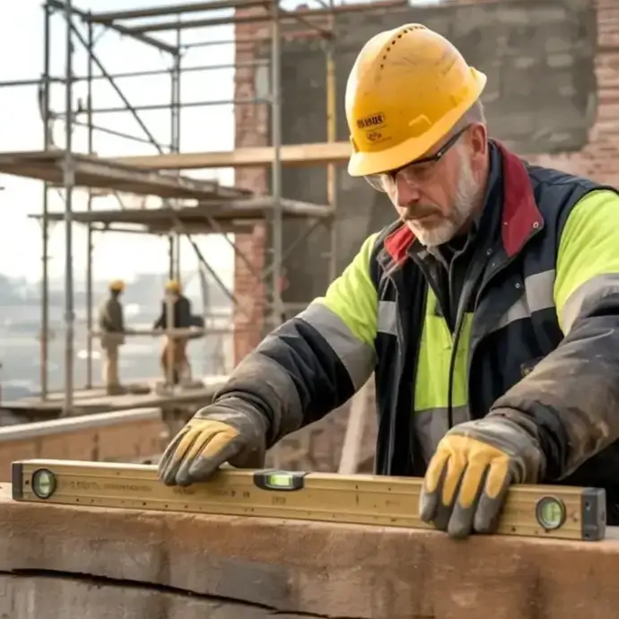 Mature carpenter on site, checking the level of an oak beam