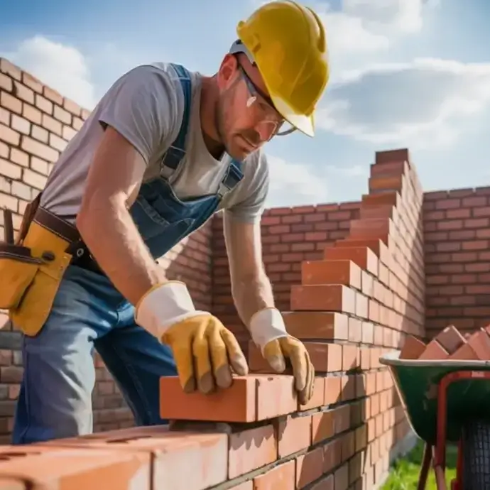 Bricklayer in PPE building a wall