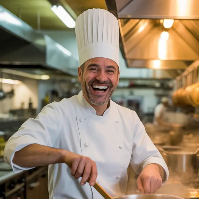 Happy chef working in a large commercial kitchen