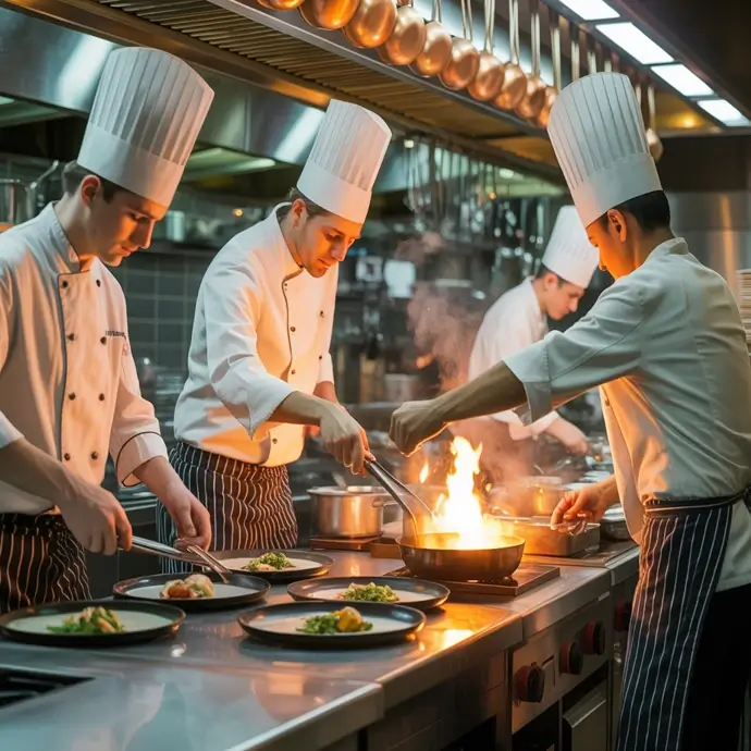 Chefs working in a busy commercial kitchen