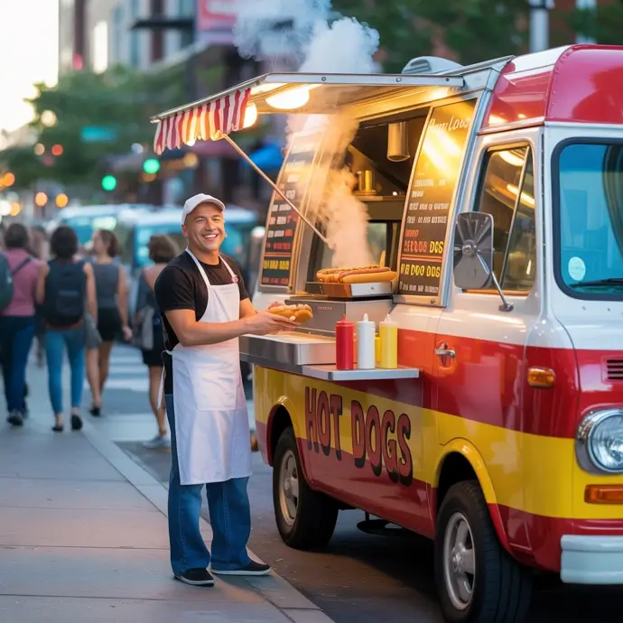Hot dog vendor in front of his van.