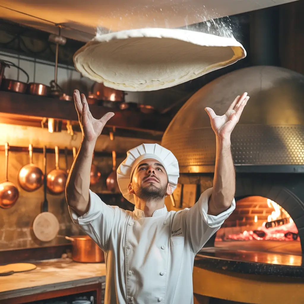 Chef throwing a pizza base