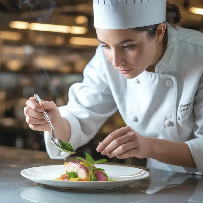 Female chef plating up