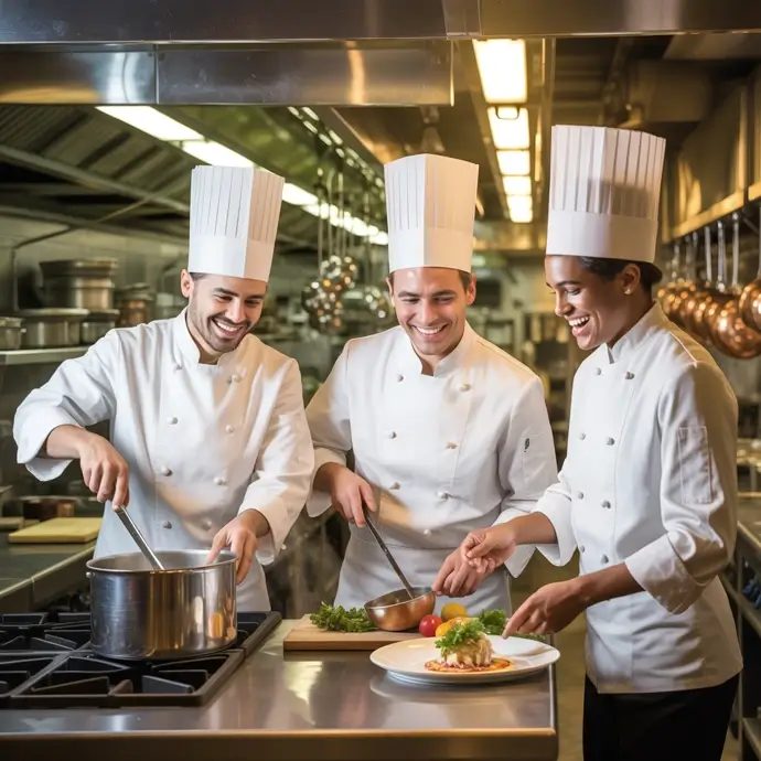 three happy chefs in a commercial kitchen
