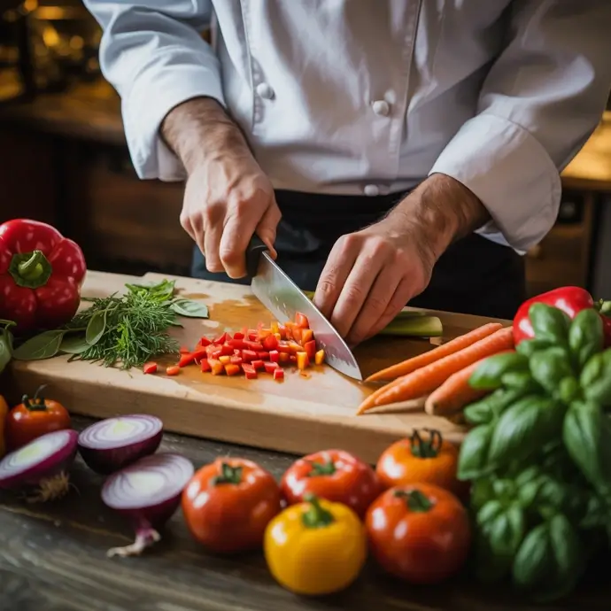 Chef in kitchen chopping vegetables