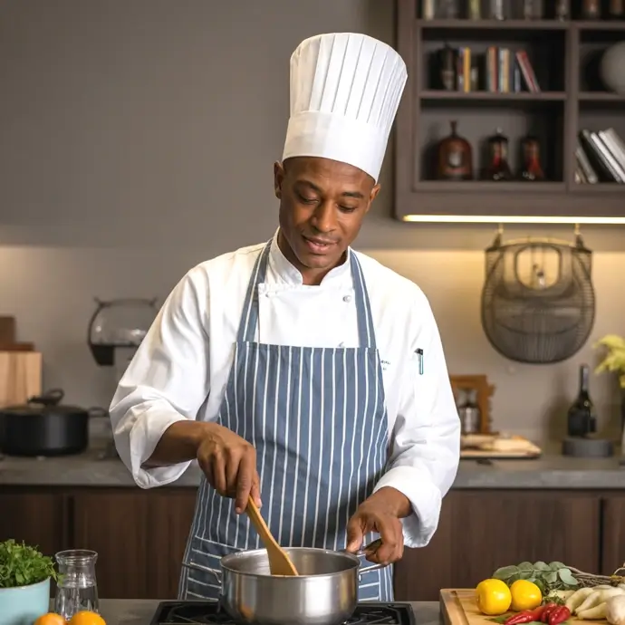 Chef stirring a sauce pan
