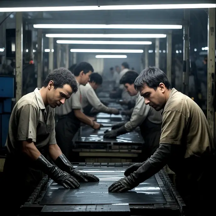 Modern male slaves working in a factory
