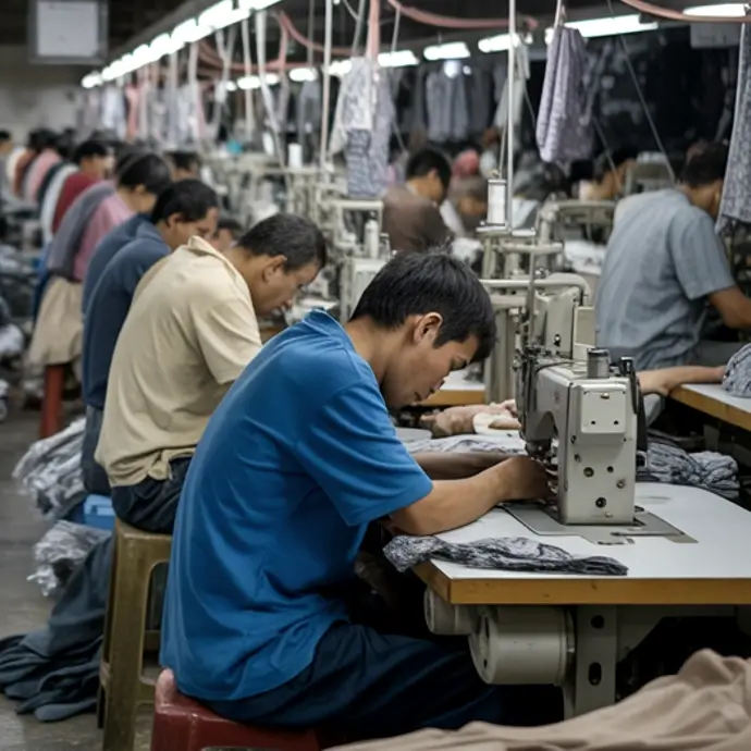 Young male slaves working in a sewing factory