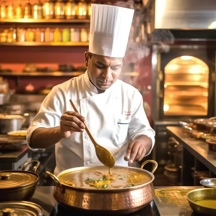 Indian chef cooking Indian food in a kitchen