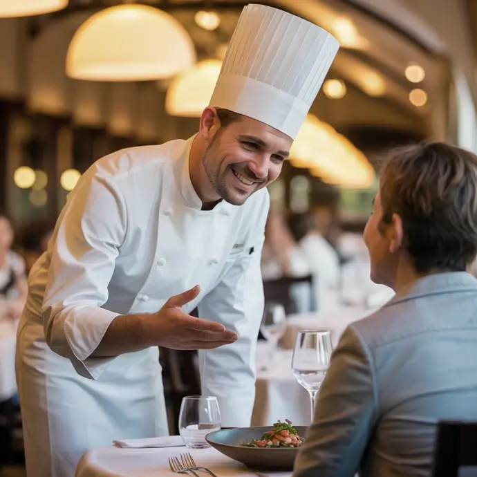 Chef speaking to customer in restaurant