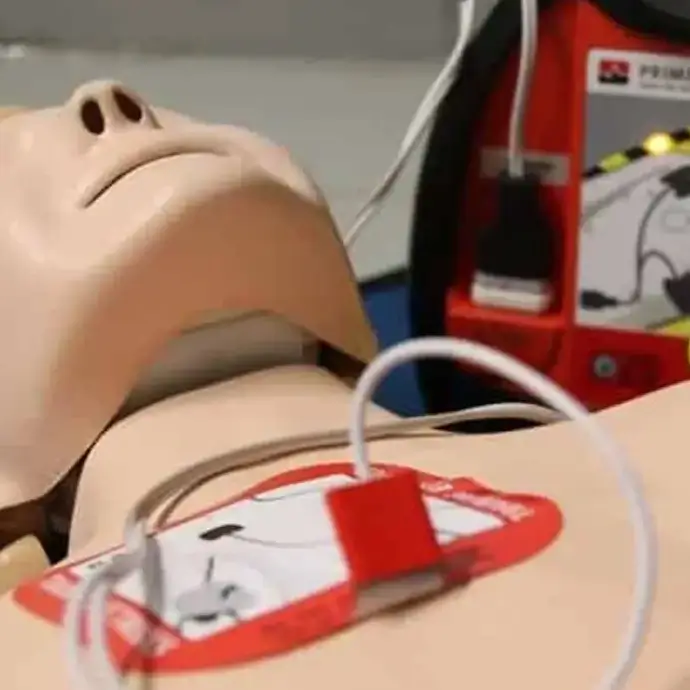 Automated External Defibrillator (AED) being used on a first aid training mannequin.