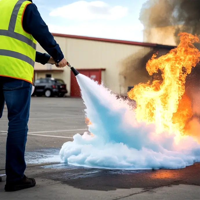 Man in a high visibility waistcoat putting out a fire to demonstrate Online Fire Safety Training