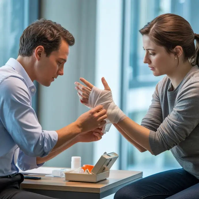 A first aid at work colleague bandaging another colleague's hand