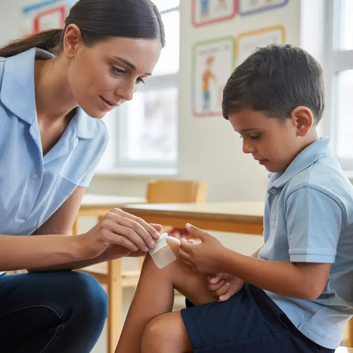 Teacher applying a dressing to a boys knee
