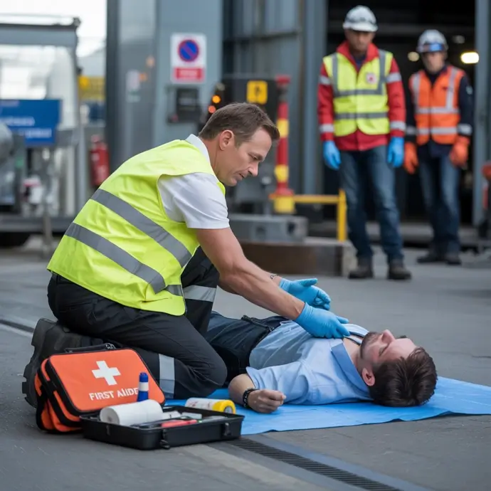 First aider dealing with an accident at work