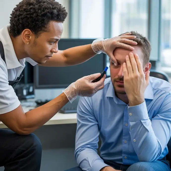 A first aider looking at an injury to a colleagues eye