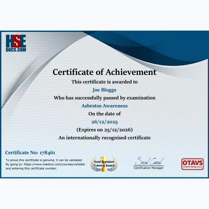Asbestos awareness certificate by HSEDocs