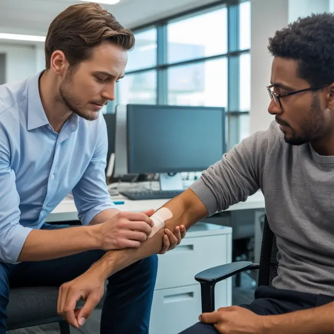 A first aider applying a dressing to a colleagues arm