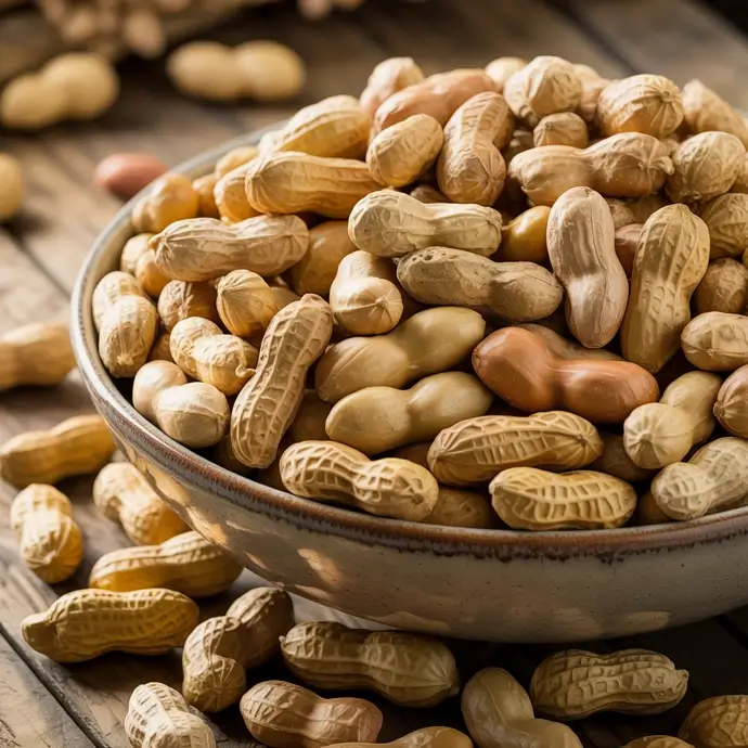 A large bowl of unshelled peanuts.