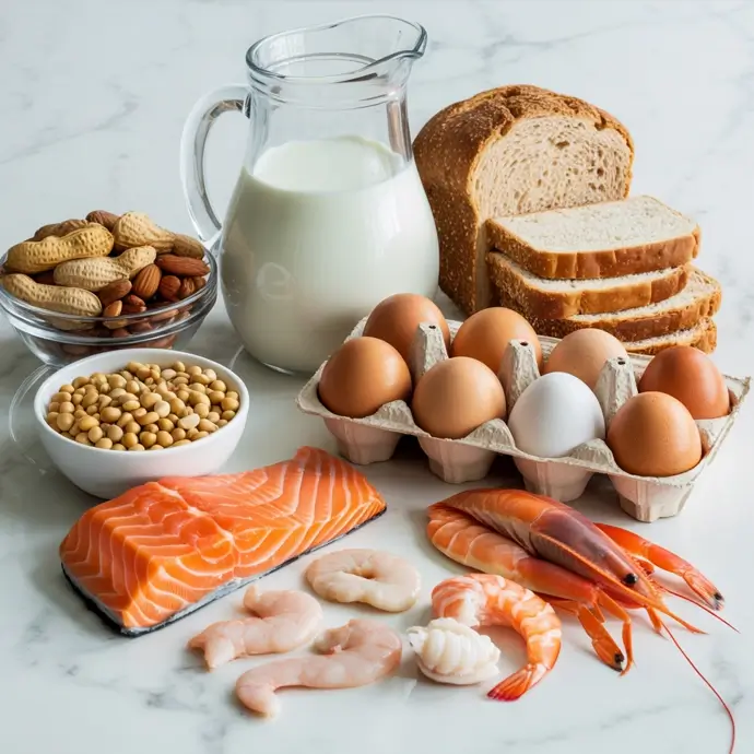 Table leaden with foods that cause common food allergies