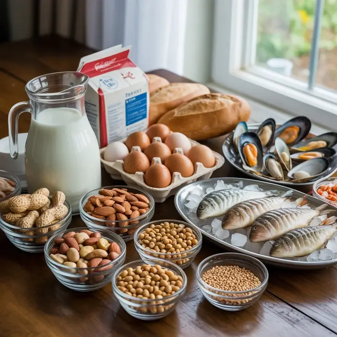 A table full of foods that are classed as allergens