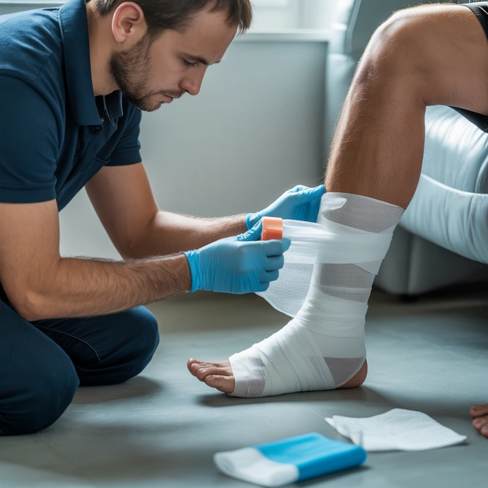First aider applying a dressing to a colleagues leg