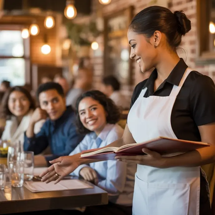 Front of house waitress explaining food allergens to customers