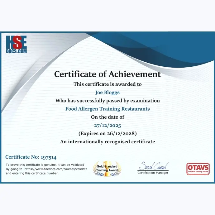 Allergen certificate by HSEDocs