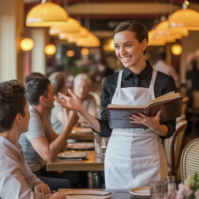 Waitress complying to her food safety level 1 training by explaining menu to customers