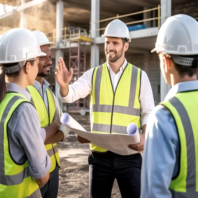 Team leader on a building site talking to his team after completing Leadership Training for Managers by HSEdocs