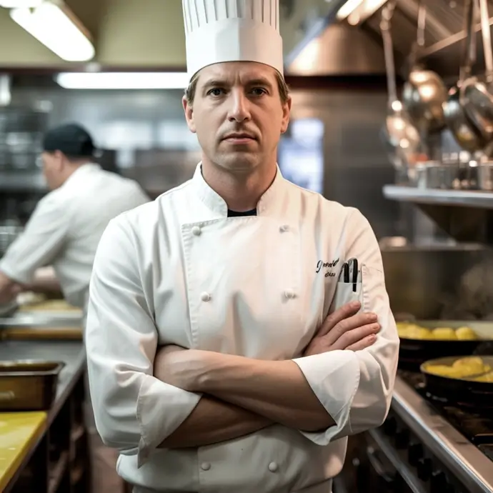 An executive head chef in a kitchen who has recently taken a Food safety level 3 by HSEDocs
