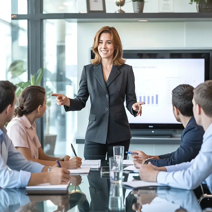 A female manager leading a team after taking a leadership training course by HSEDocs