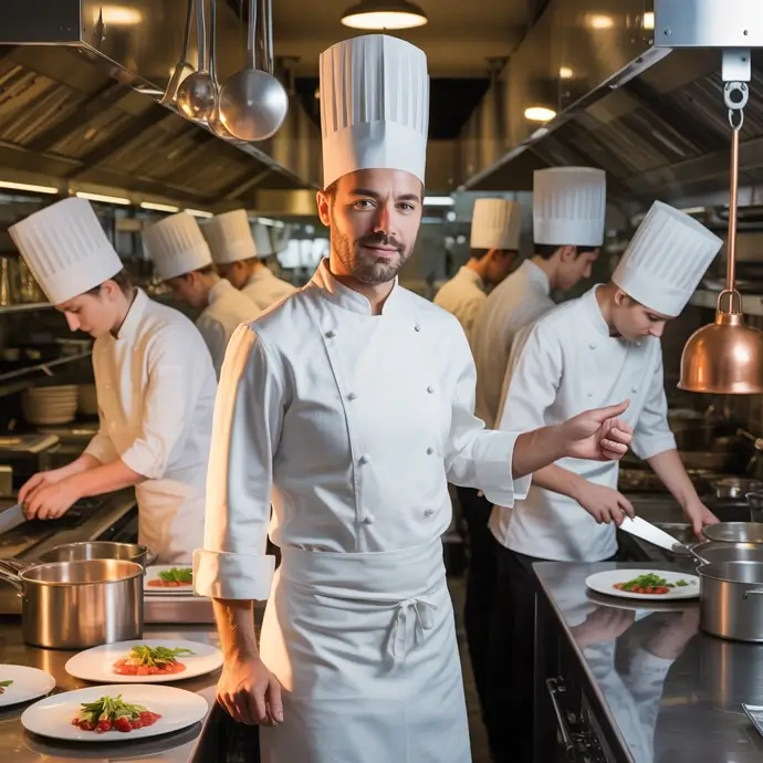 Head chef in commercial kitchen organising his chefs