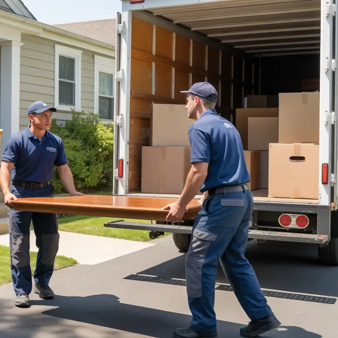 Removal men carrying a wooden table top.