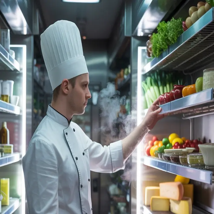 Chef choosing food from a walk in fridge